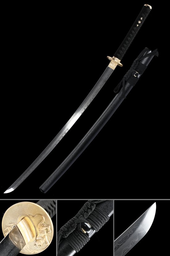 Damascus Steel Katana with Dragon Engraving, Gold Tiger Tsuba & Black Lacquered Saya