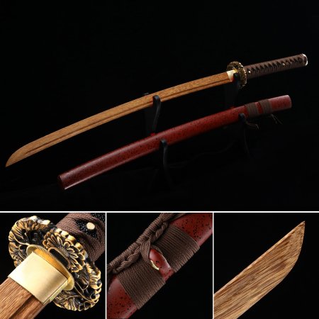 Handmade Japanese Wooden Unsharp Katana Sword With Brown Blade And Dark Red Scabbard