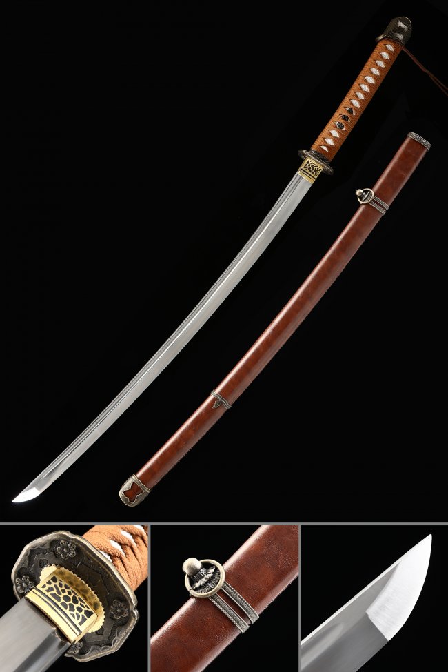WWII Shin Gunto Type 98 Officer Katana - Manganese Steel with Brown Leather Saya and Floral Alloy Tsuba
