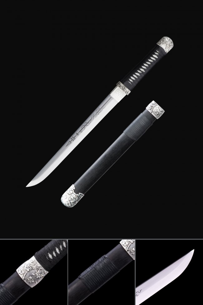 Stainless Steel Hamidashi Tanto with Black Hardwood Saya - Silver Cherry Blossom Tsuba, Vine-Engraved Blade