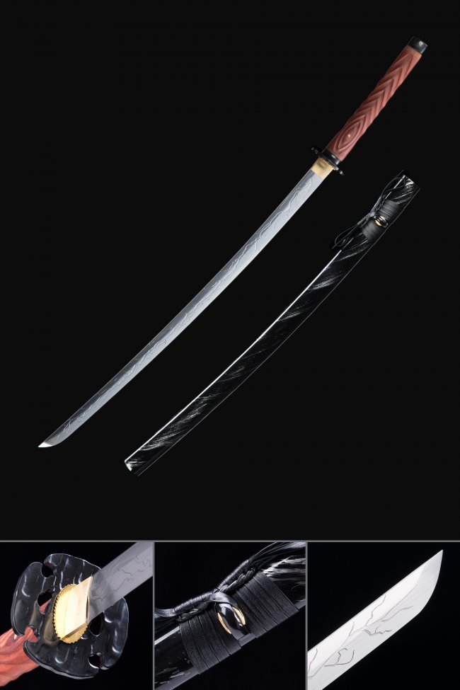 Manganese Steel Katana with Dragon-Engraved Blade, Black Wave Saya & Brown-Red Tsuka
