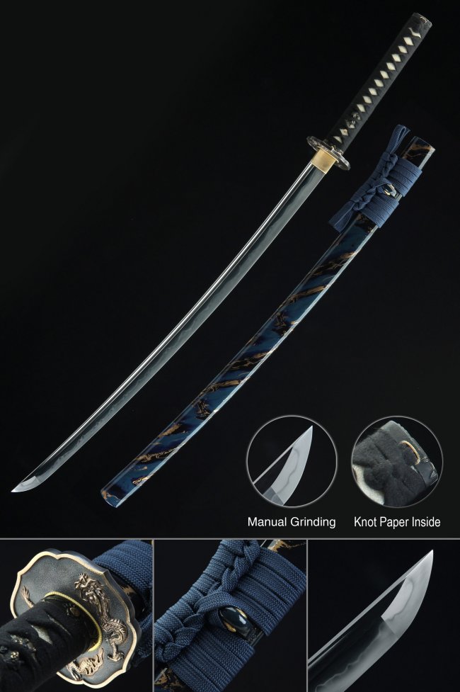 T10 Carbon Steel Katana with Dragon Tsuba in Blue Dragon-Pattern Saya - Real Hamon, Full Tang
