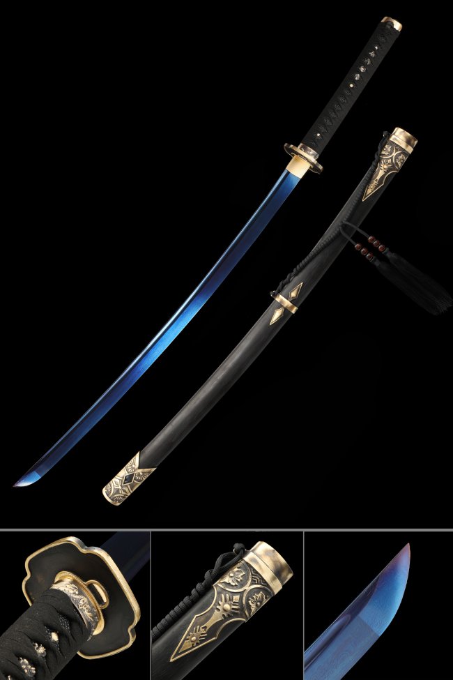 Damascus Steel Katana with Blue Blade, Gold Alloy Tsuba & Black Hardwood Saya