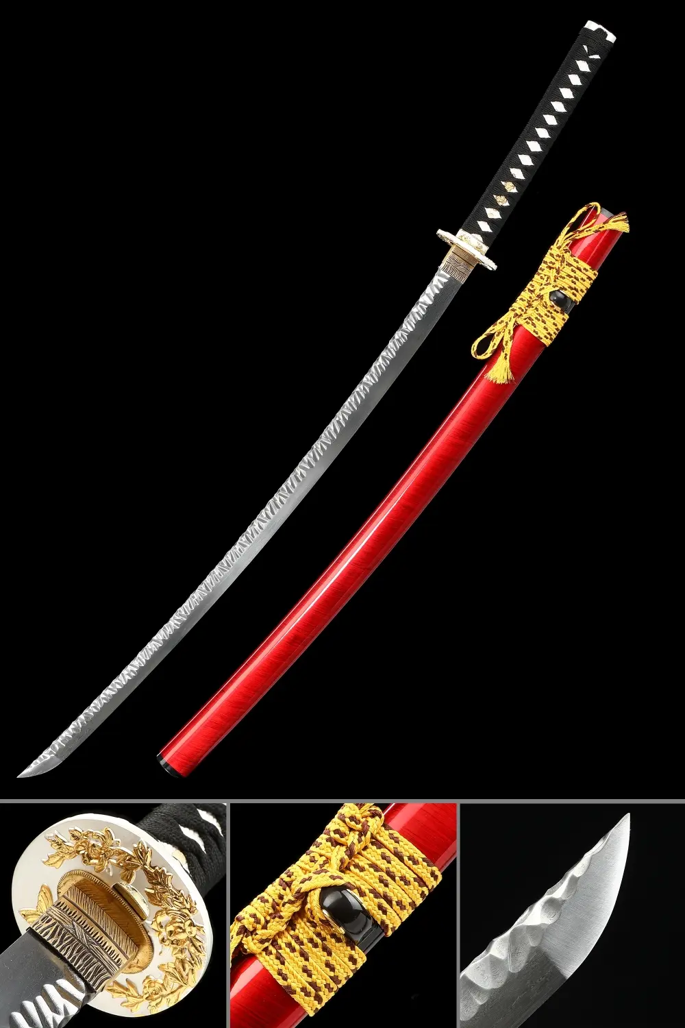 Red Katana | Damascus Steel Katana with Flower Tsuba in Red