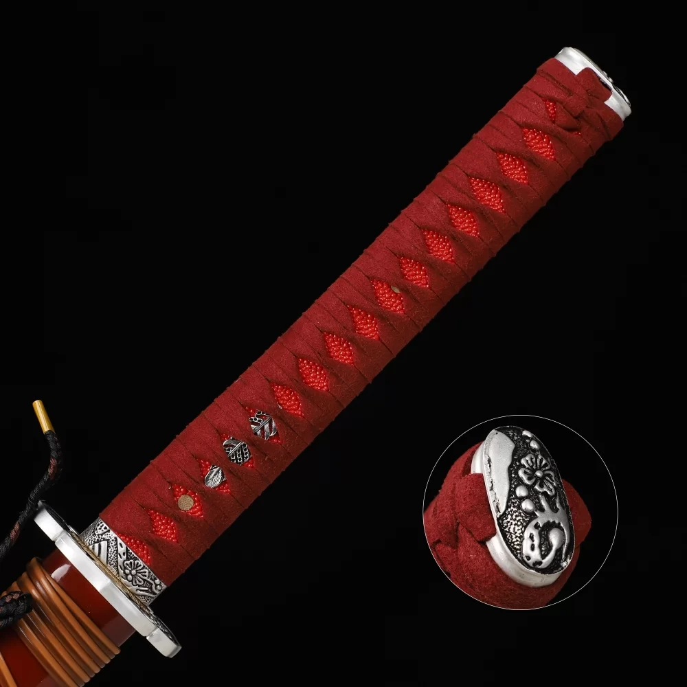 1090 Carbon Steel Katana with Red Lacquer Saya, Silver Floral