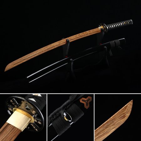 Handmade Japanese Wooden Samurai Sword With Brown Blade And Black Scabbard
