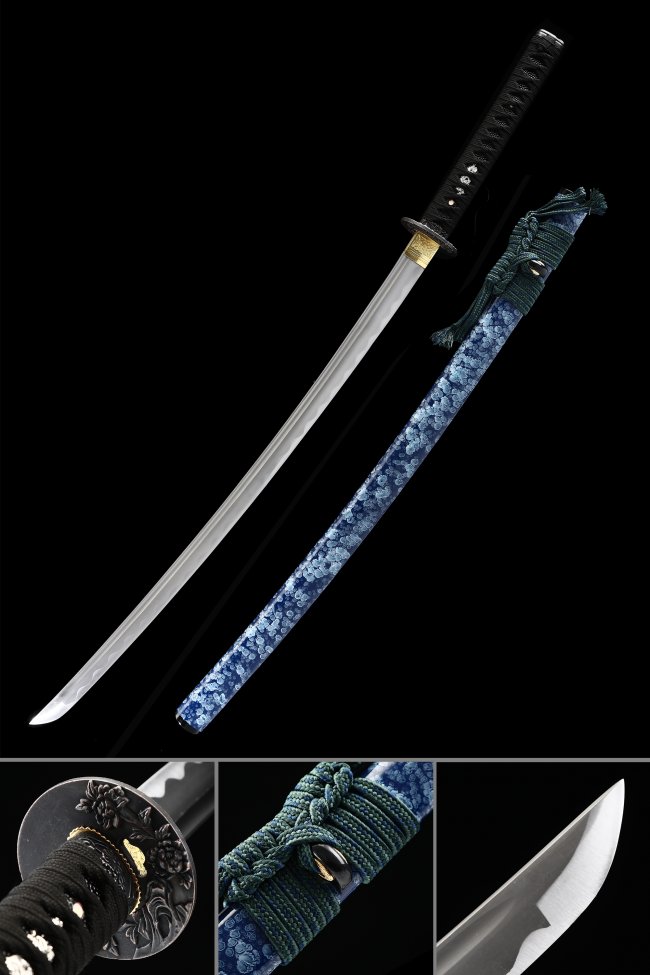 1045 Carbon Steel Full Tang Katana with Blue Marble Lacquer Saya and Floral Iron Tsuba