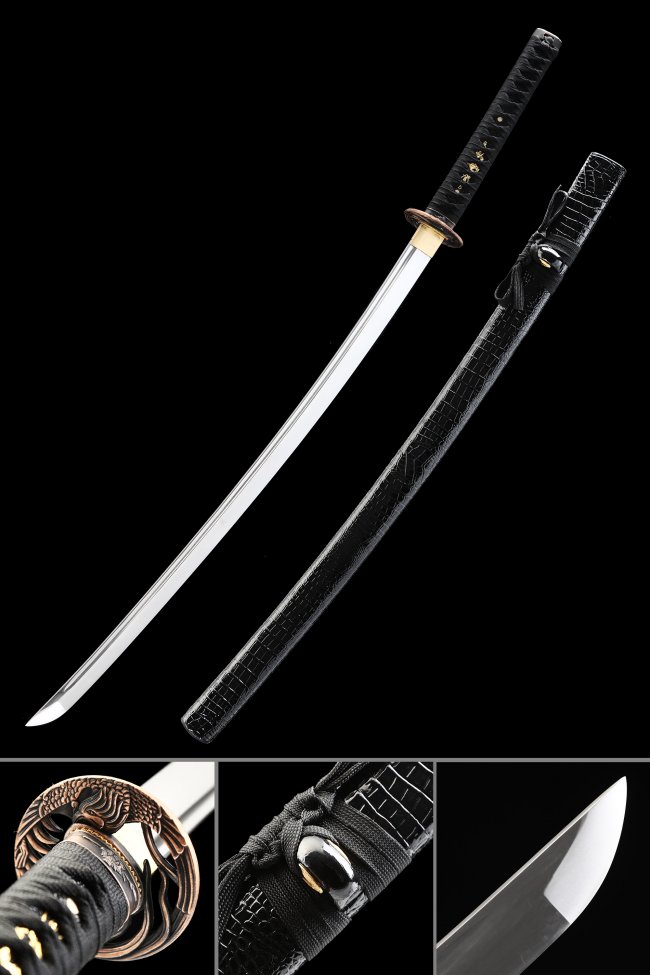 Manganese Steel Katana with Bronze Crane Tsuba - Black Leather Dragon Saya Full Tang Replica
