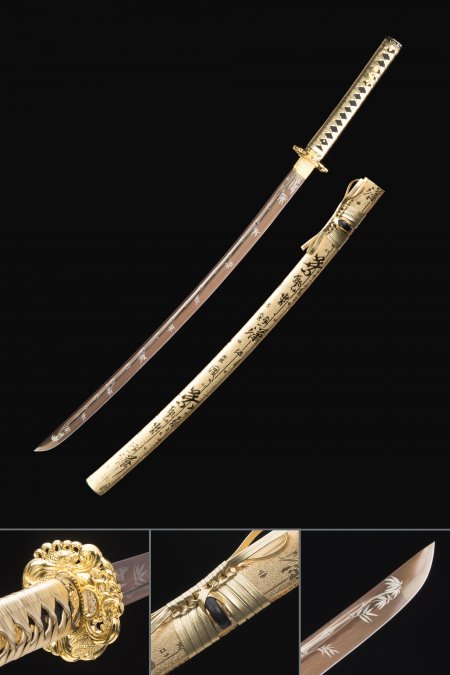 Handmade Japanese Samurai Sword 1045 Carbon Steel With Golden Blade And Scabbard