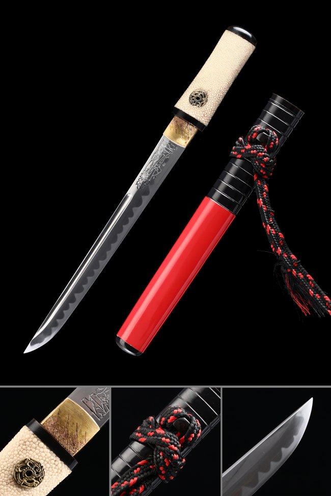 Damascus Steel Aikuchi Tanto with Red Lacquer Saya - Dragon Engraving, Beige Rayskin Handle