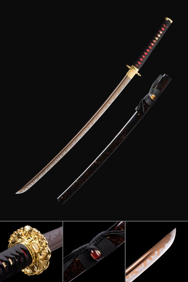 T10 Folded Clay Tempered Katana with Rose Gold Blade in Black Sparkle Saya - Gold Tsuba Collectible Sword