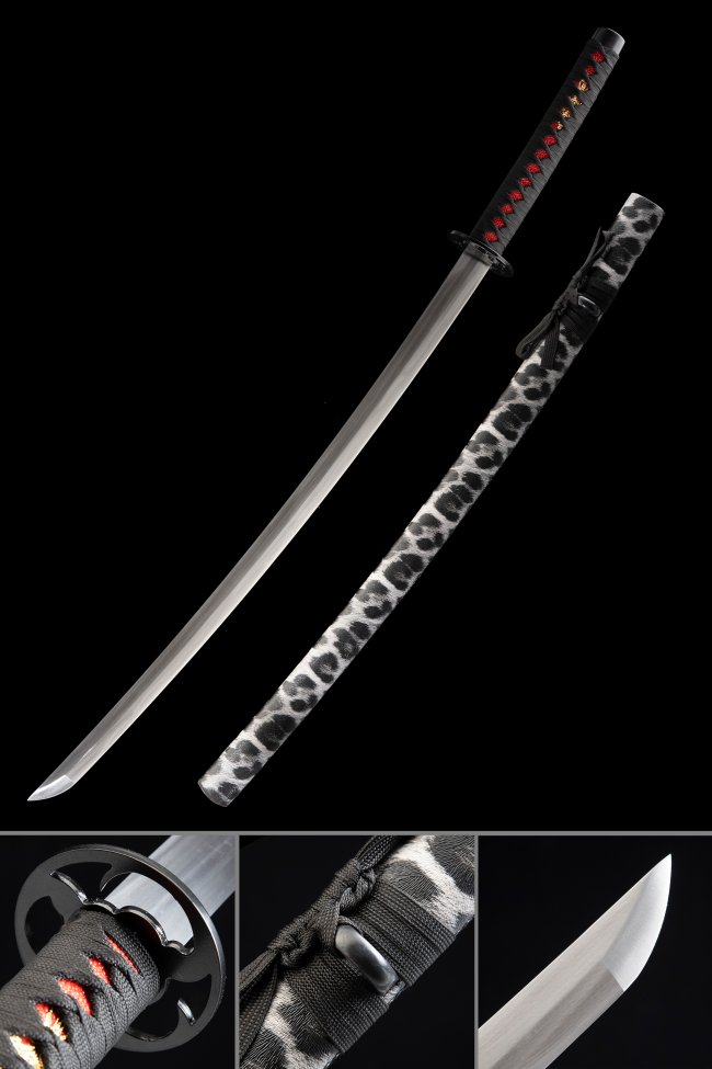 1060 Carbon Steel Katana with Leopard Rayskin Saya - Black Tsuba, Red-Black Tsuka Wrap
