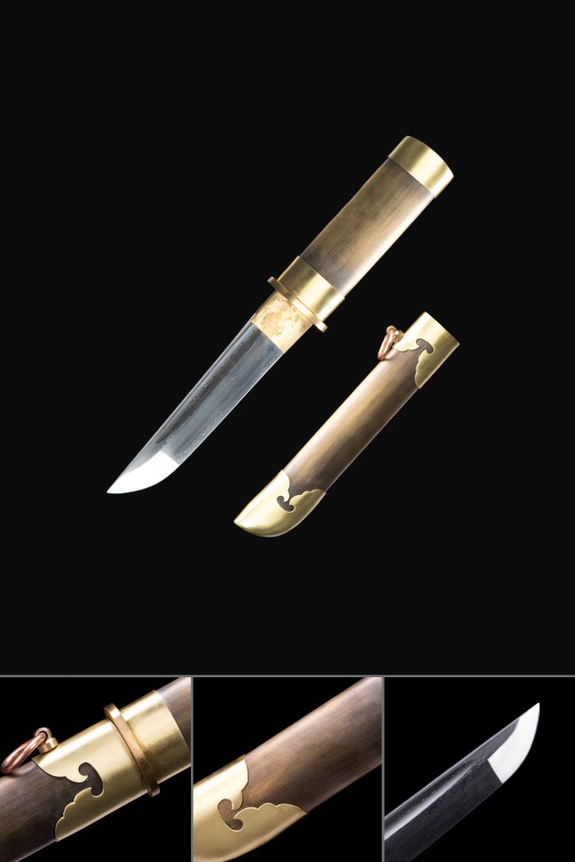 Damascus Steel Tanto with Brass Saya, Tsuba & Handle - Folded Pattern Blade Pocket Tanto