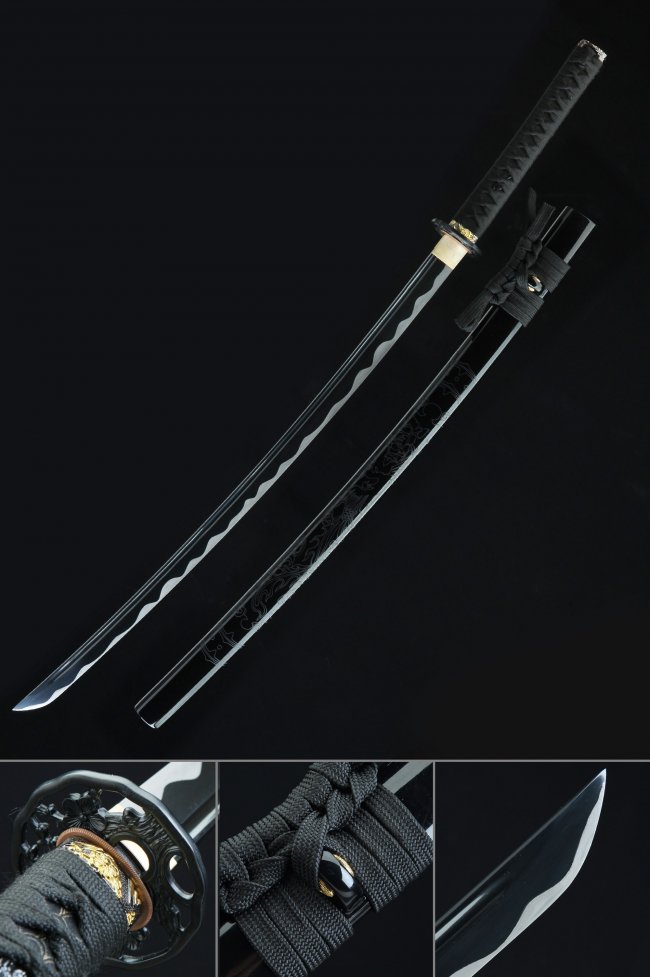 1045 Carbon Steel Black Blade Katana with Dragon-Engraved Saya in Full Black Koshirae