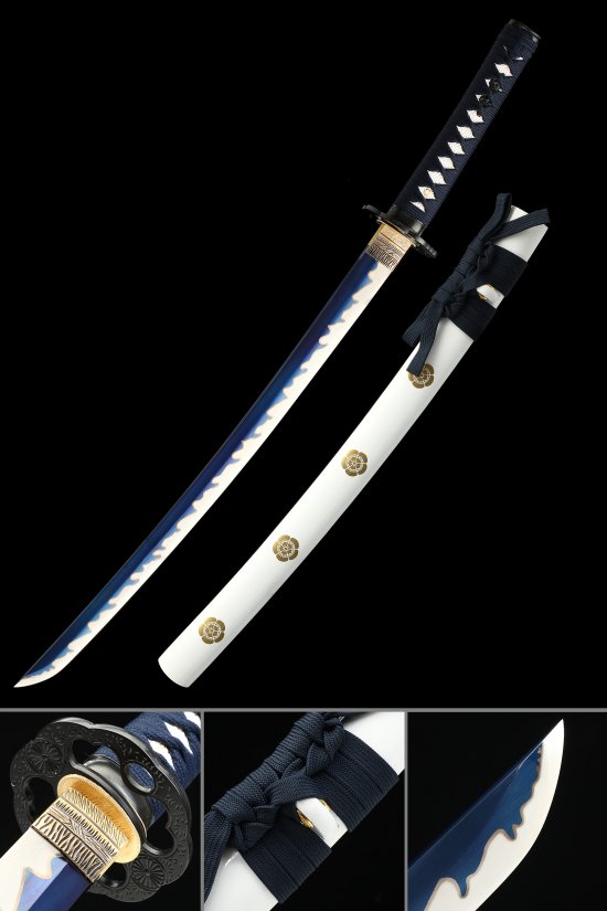 1095 Carbon Steel Wakizashi with Blue Hamon Blade in White Lacquer Saya - Dark Blue Ito
