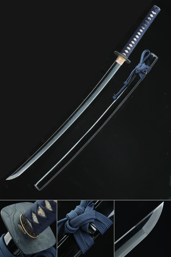 Tamahagane Steel Katana with Hamon Blade in Dark Blue Koshirae - Wave Tsuba