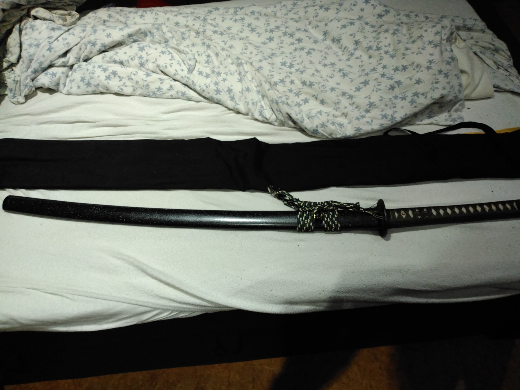 Tamahagane Steel Katana with Hamon Blade in Black Saya & Green Ito Wrap