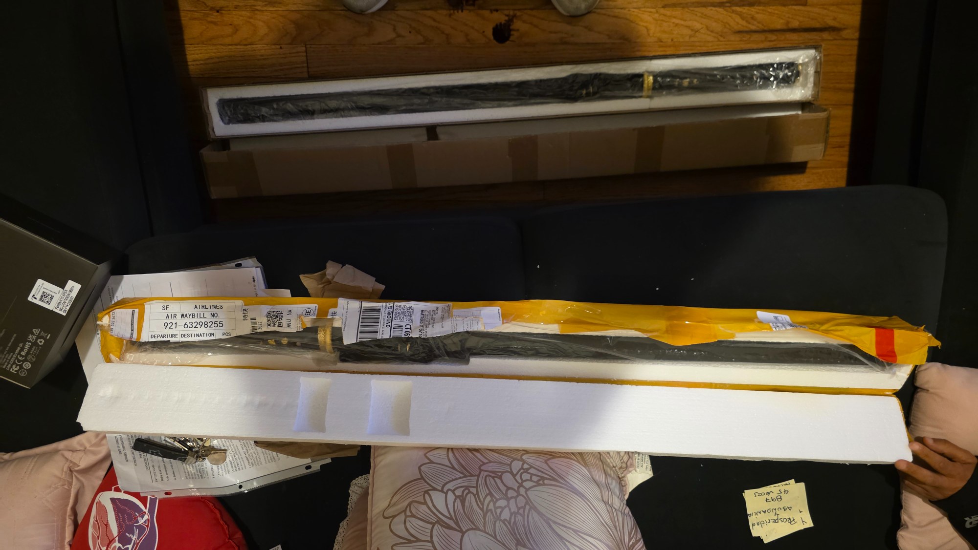 Clay Tempered T10 Steel Chokuto Ninjato with Real Hamon in Black Saya and Gold Alloy Tsuba