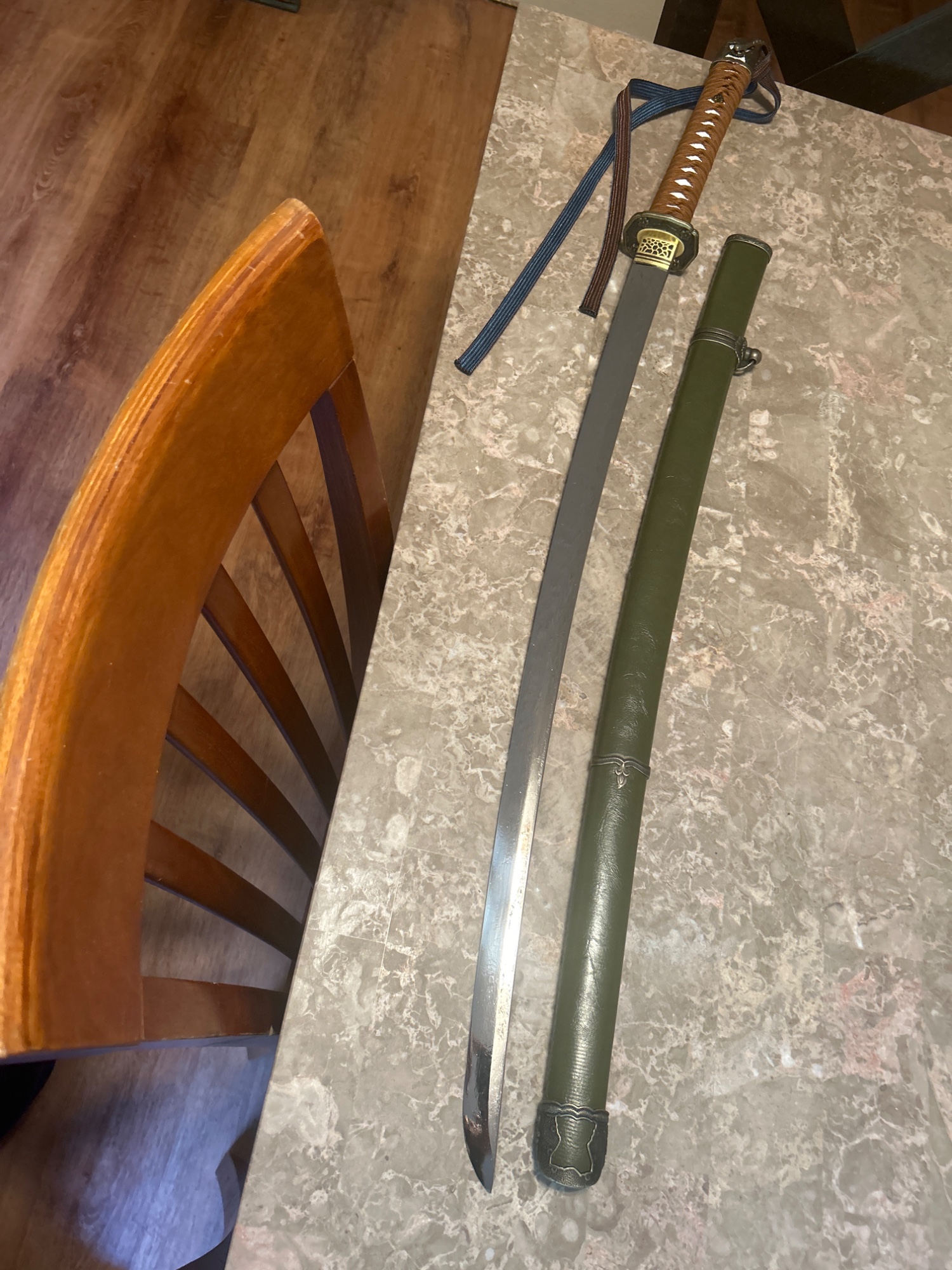 WW2 Shin Gunto Katana 1095 Carbon Steel Blade Green Leather Saya Brown Tsuka