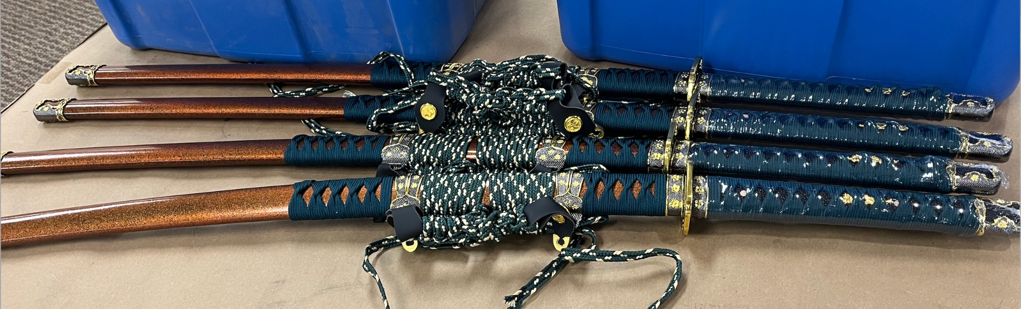 Tachi Sword High Manganese Steel with Orange Lacquer Saya - Teal Ito & Gold-Black Chrysanthemum Tsuba