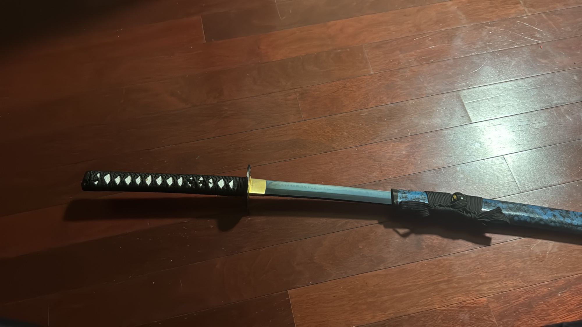 Cherry Blossom Tsuba T10 Carbon Steel Katana, Full Tang, Handmade & Cyan Black Saya