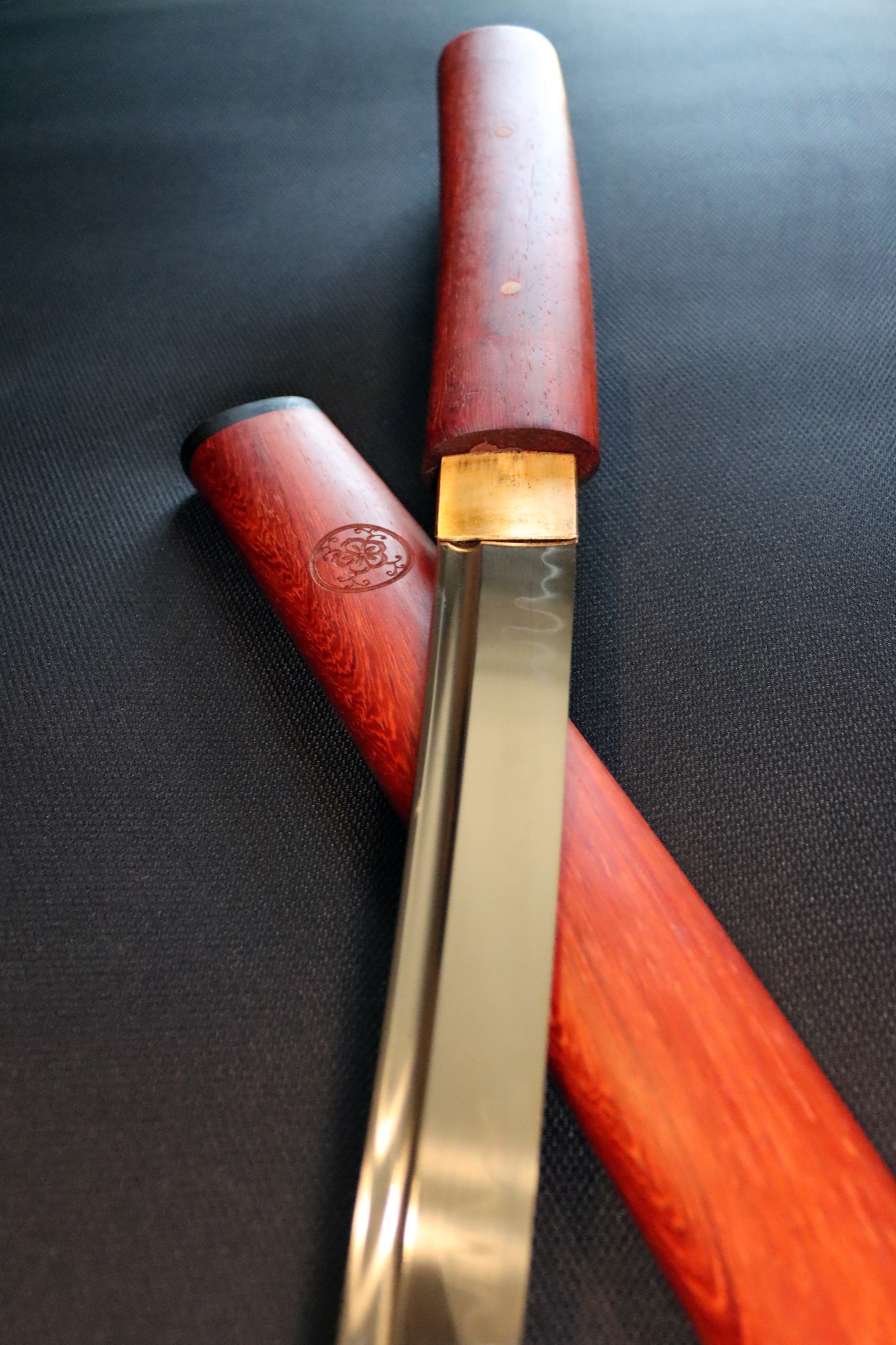 T10 Steel Clay Tempered Shirasaya Wakizashi with Real Hamon in Rosewood Saya - Red Hardwood Handle